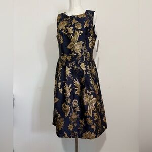 Navy and Gold Floral Midi Dress - Sleeveless Fit & Flare